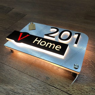 BẢNG, BIỂN SỐ NHÀ. Có đèn LED, Mica cháo + Alcorest xước, số nổi 1cm, ngoài trời, BSN-PMV107