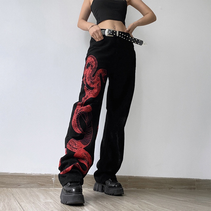 Quần jeans nữ lưng cao họa tiết da rắn cá tính