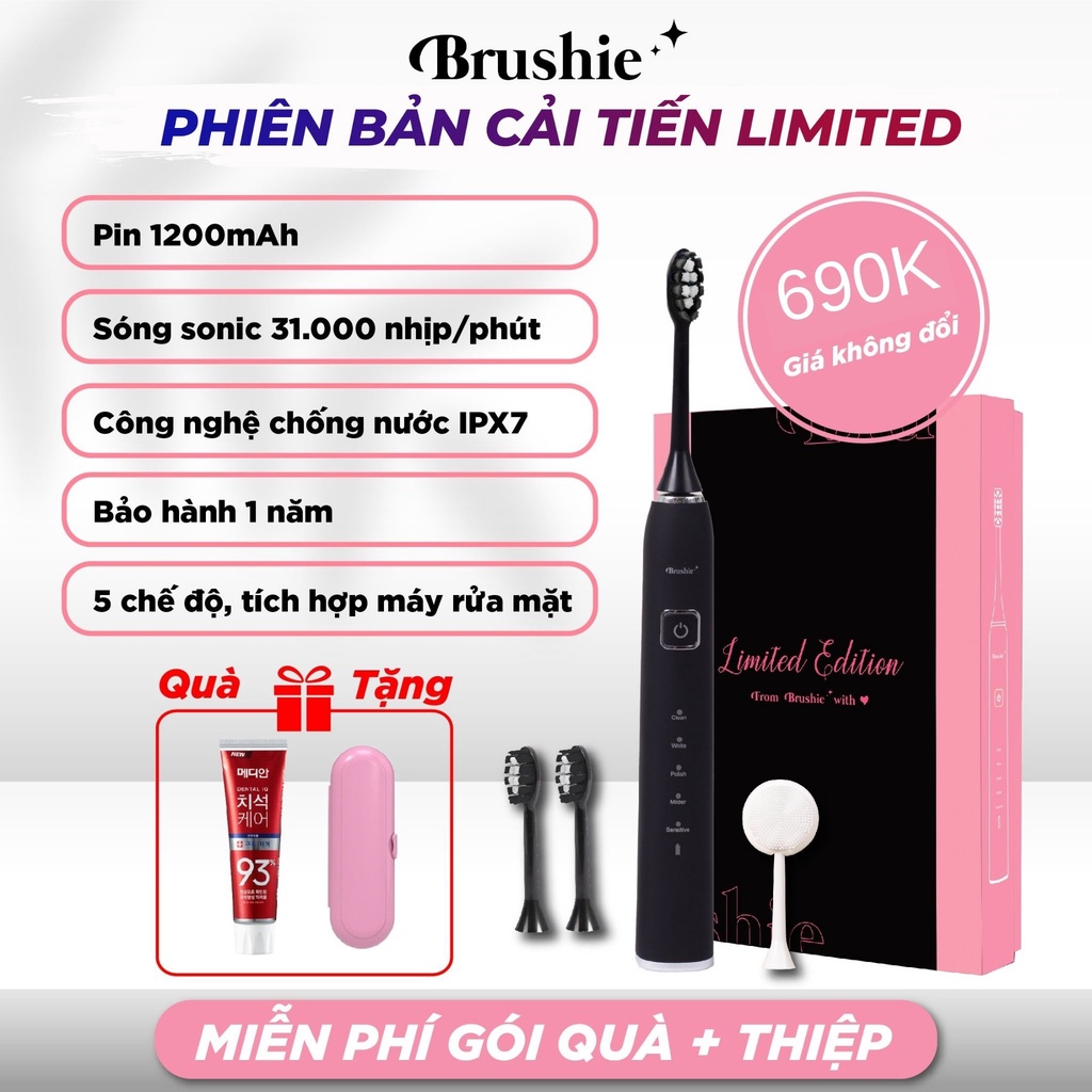 BRUSHIE Bàn Chải Điện x Rửa Mặt Chính Hãng, bản CẢI TIẾN, Rung Sonic 31.000 lần, 5 Chế độ làm sạch sâu
