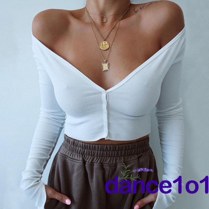 Áo croptop tay dài thiết kế cổ chữ v quyến rũ thời trang cho nữ