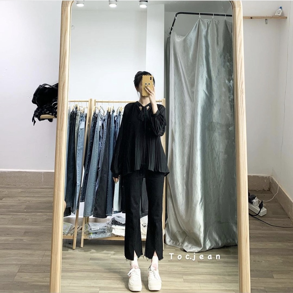 Quần jean ống loe đen xẻ gấu cạp cao hách dáng chất co giãn thoải mái by Minxy