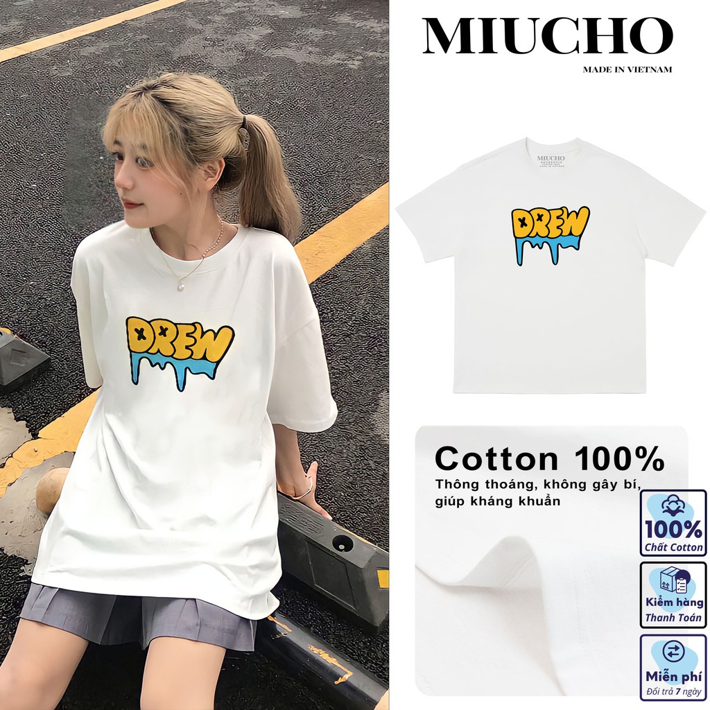 Áo phông drew nữ form rộng tay lỡ unisex, áo thun drew nữ form rộng tay lỡ unisex cotton AT136 Miucho in logo