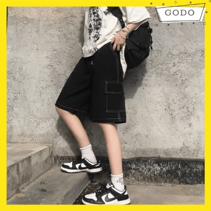 Quần Short Đùi Kaki ống rộng unisex may chỉ nổi thể thao basic nam nữ oversize phong cách đường phố GODO QS18