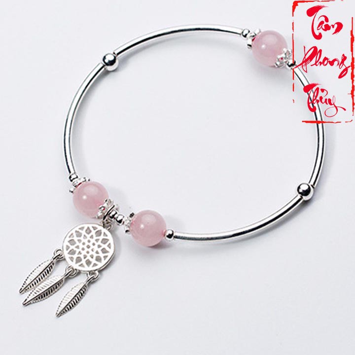 Vòng Tay Bạc 925 Đá Thach Anh Hồng Mix Charm Dream Catcher - Tâm Phong Thủy