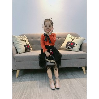 Km set váy dài tay cổ nơ chân váy ren đẹp