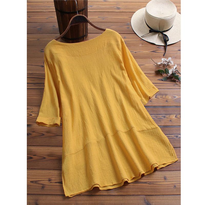 Áo Kiểu Vải Lanh Cotton Dáng Rộng Cổ Tròn Màu Trơn Phối Túi Trước Thời Trang Mùa Hè Cho Nữ