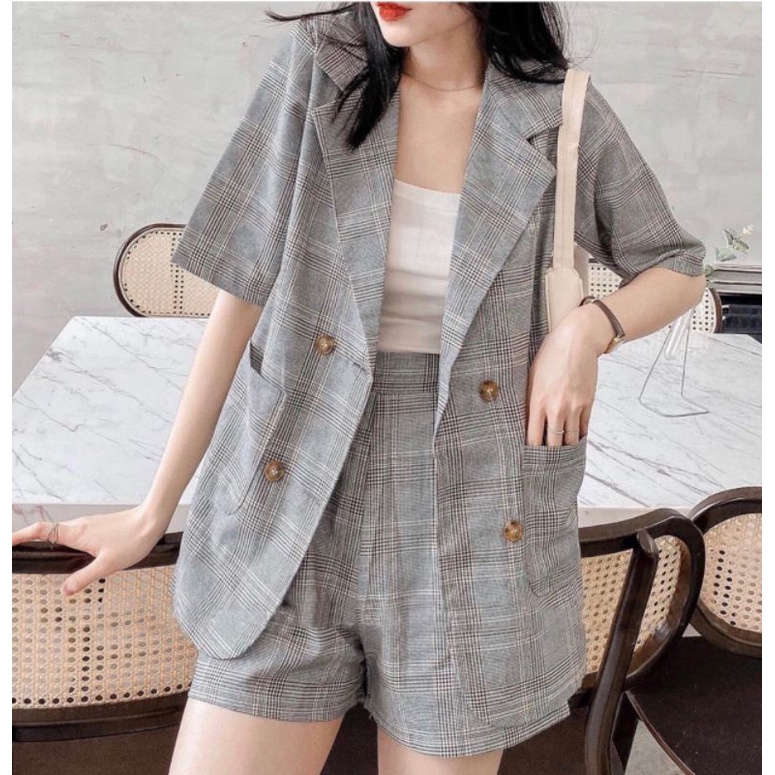 Set vest caro ngắn 3 món