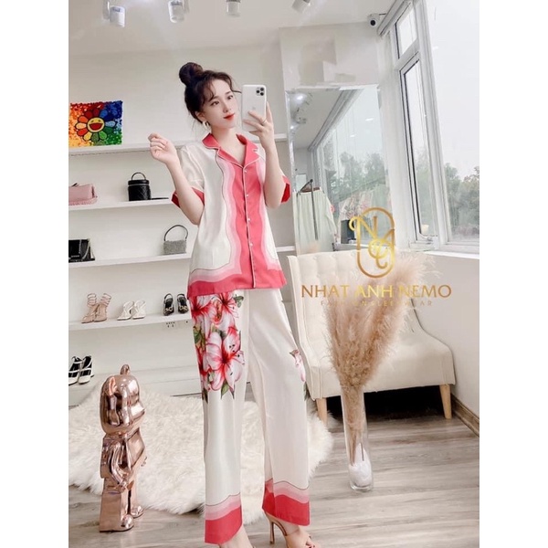 PIJAMA TAY NGẮN GƯƠNG HỒNG F001 LỤA XƯỚC QUẢNG CHÂU CAO CẤP