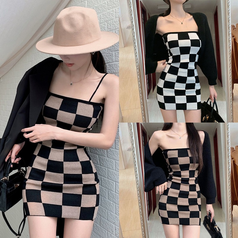Đầm Dệt Kim Kẻ Sọc Caro Phong Cách Hàn Quốc Quyến Rũ Cho Nữ