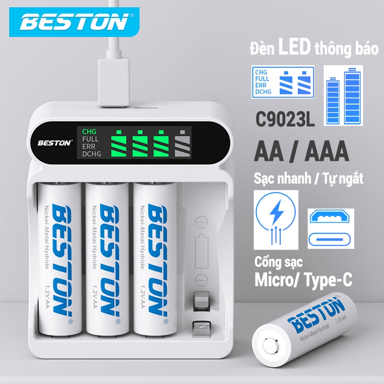 Bộ Sạc pin Beston C9023L AA AAA Sạc nhanh, tự ngắt khi đầy, màn hình LCD thông minh, dùng cho micro, remote tivi