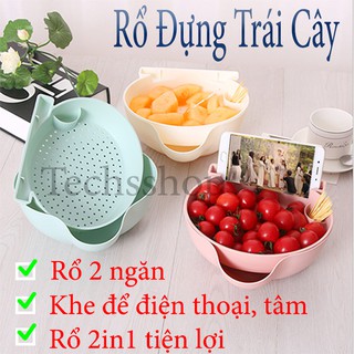 Rổ đựng trái cây 2 ngăn có khe để điện thoại - bộ rổ thau 2in1 đa năng tiện lợi
