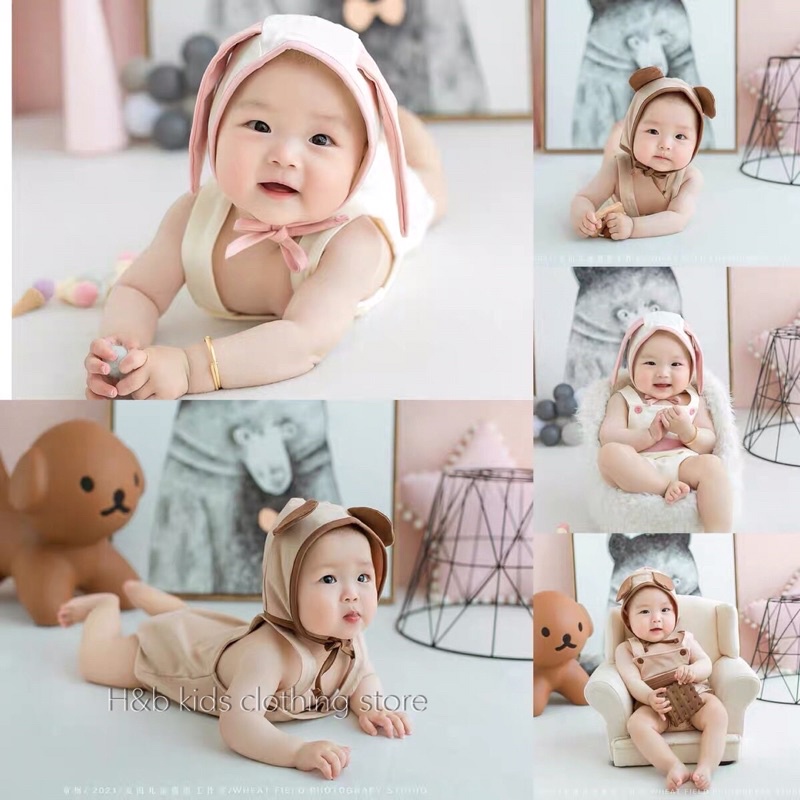 Set body 2 dây bé trai bé gái chất cotton kèm mũ xin xò_Quần áo trẻ em