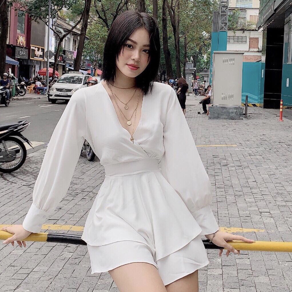 Jumpsuit Tay Dài Đắp Chéo Cột Eo 2 Màu - JU299