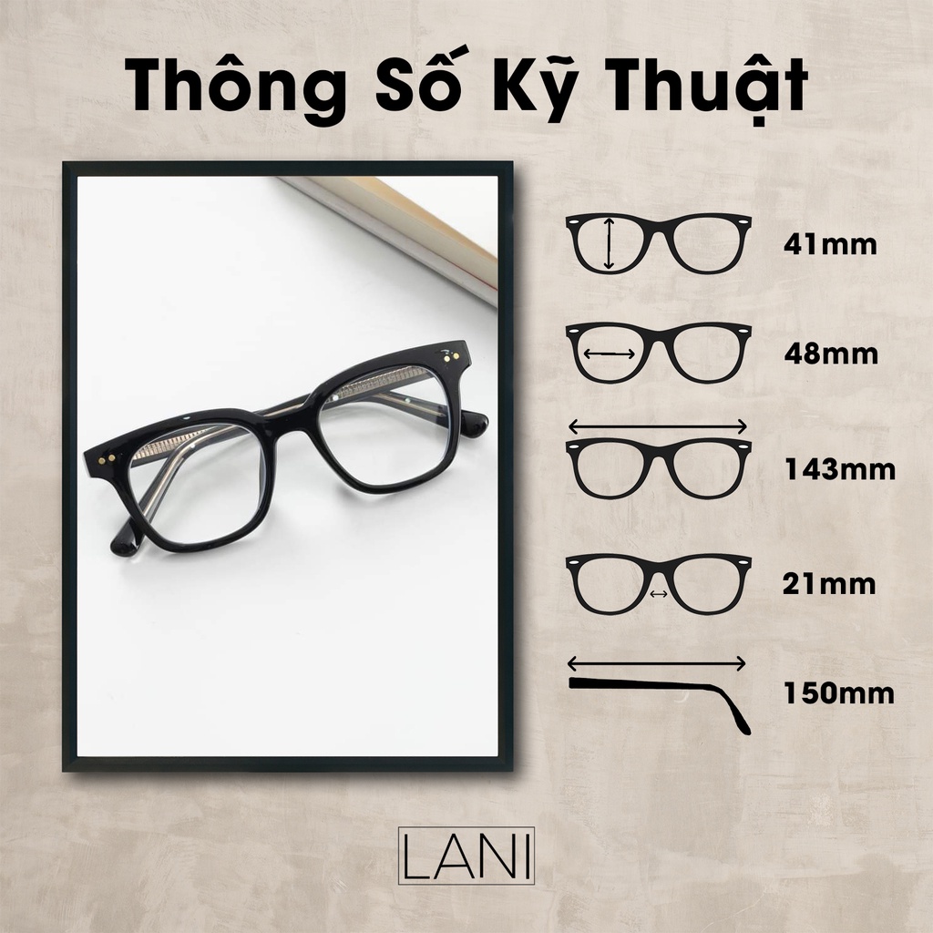 Gọng kính cận nam nữ dáng vuông Lani 135 lõi thép siêu bền - Lắp mắt cận theo yêu cầu