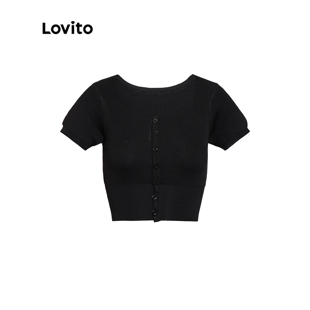 Lovito Dễ thương cổ vuông trơn cơ bản Phụ nữ dệt kim hàng đầu L33AD125 (Hot Pink / Black)