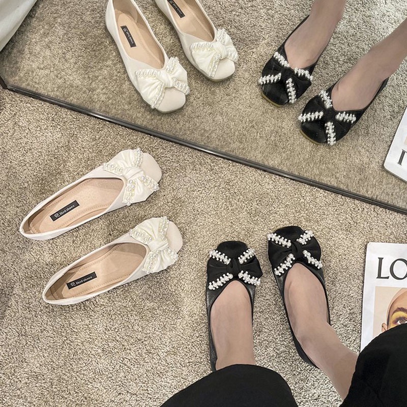 Giày búp bê IELGY đế phẳng đính nơ và ngọc trai dễ phối đồ thời trang dành cho nữ