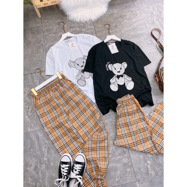 Sét Bộ Thể Thao Quần Kẻ Áo Phông Gấu