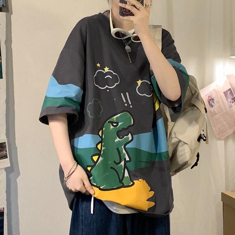 【Dinosaur】 Loose Men Trendy Short Sleeves Cartoon Five Sleeves Couple T-Shirt Shirt D.0077