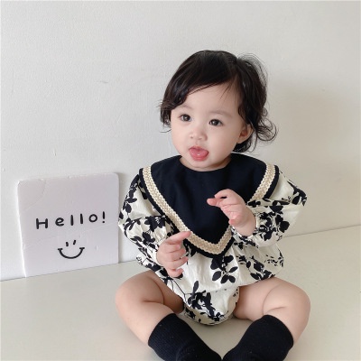 Bộ Áo Liền Quần Tay Dài Màu Đen In Hoa Thời Trang Thu Đông Cho Bé Gái 0-24 Tháng Tuổi