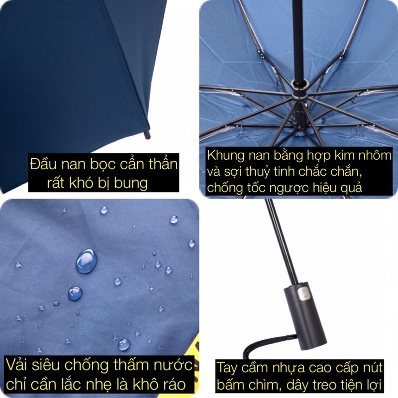 Ô tự động hai chiều cao cấp, ô đi mưa NASON UMBRELLA AutoSafe, ô ngược đóng mở tự động trong một nút bấm nan 8K