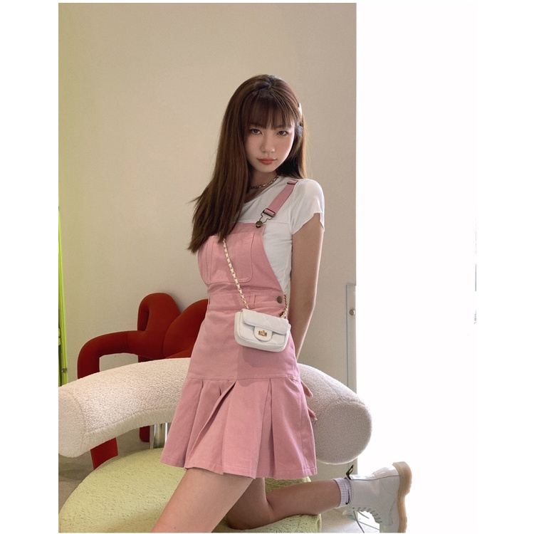 Đầm hai dây XIAOZHAINV dáng chữ A xếp ly màu hồng thời trang phong cách Hàn Quốc cho nữ