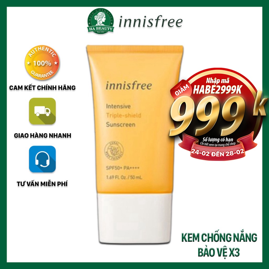 Kem chống nắng dưỡng da chống nước 3 tác dụng innisfree Intensive Triple-shield Sunscreen SPF50+ PA++++ 50ml