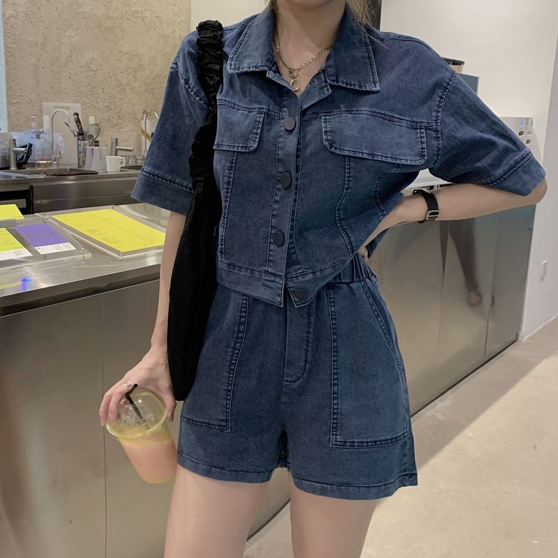 Bộ Áo Khoác Denim Ngắn Tay Dáng Rộng + Quần Short Lưng Cao Thời Trang Hàn Quốc 2022 Dành Cho Nữ