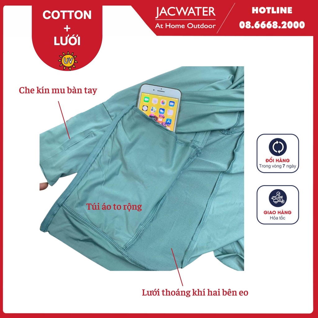Áo chống nắng nữ mỏng nhẹ cotton thoáng khí hai bên eo và nách kèm túi đựng JACWATER V300