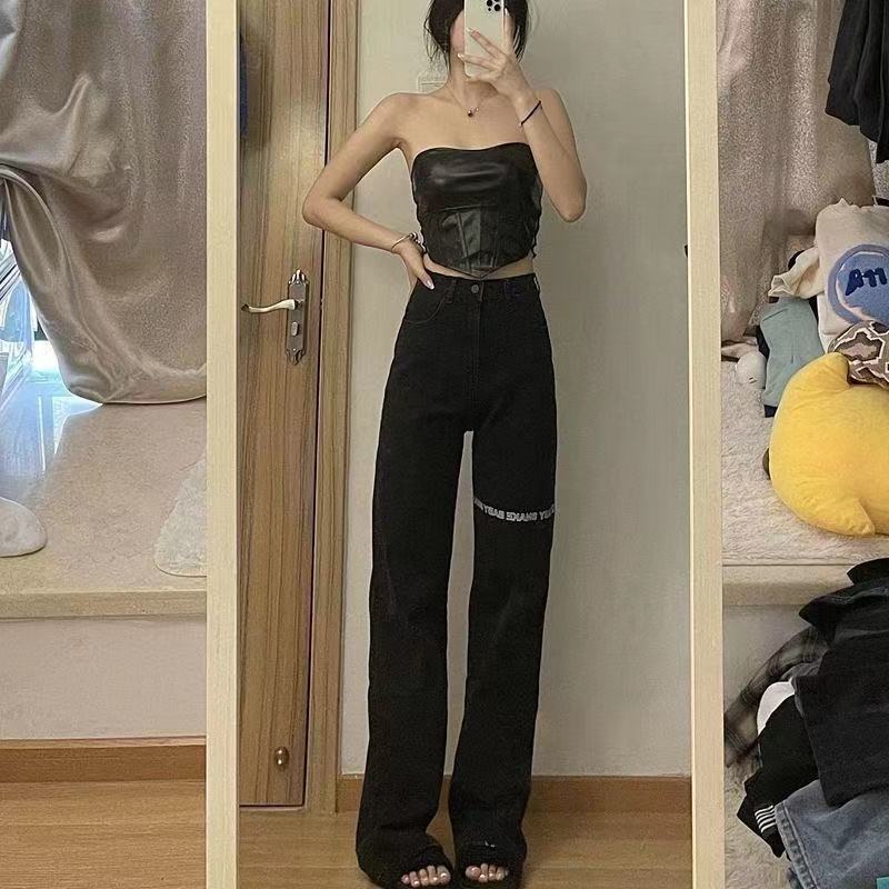 20121 new autumn and summer black Harajuku style high waist straight slimming letter printed stretch pants jeans for women OSps