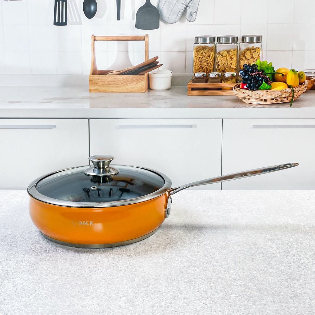 Bộ nồi chảo 5 món Arber An06smc màu cam, bộ nồi inox 304 cao cấp, bộ nồi 3 đáy siêu dày siêu chắc chăn