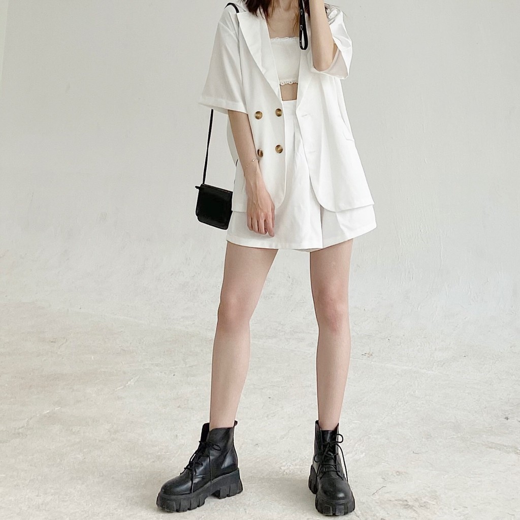 [Mã SKAMFSW175 giảm 10K đơn 50K] |HÌNH THẬT ĐỘC QUYỀN CUBEDLEMON| Set vest nữ gồm blazer tay lở kèm quần short ống rộng