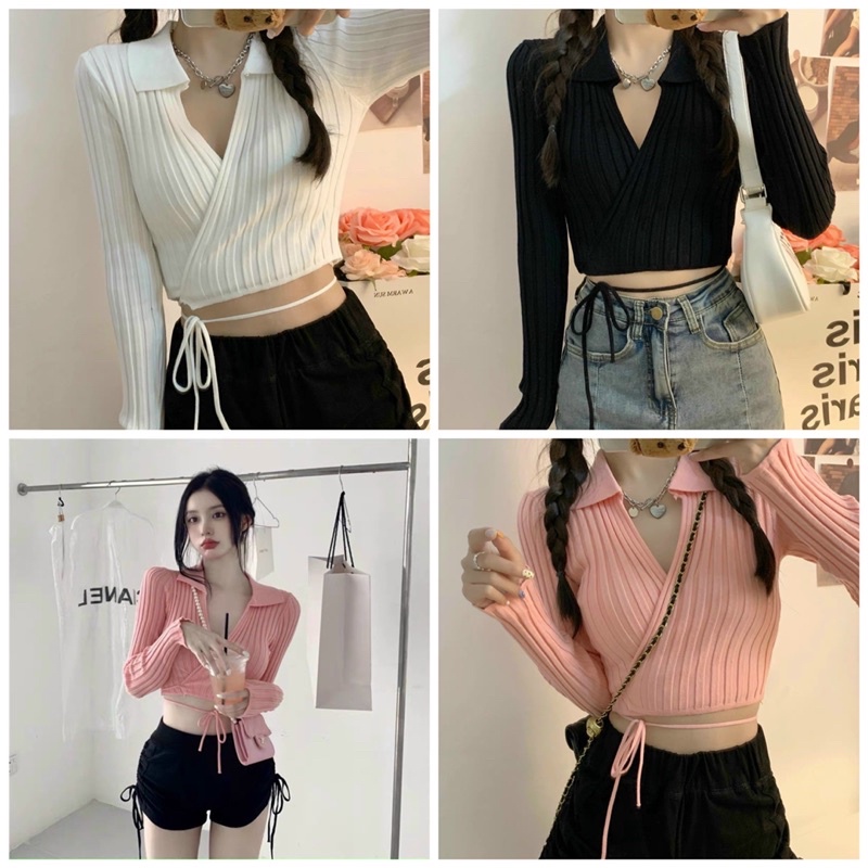 Áo polo đắp chéo tay dài buộc bụng chất thun gân mịn - A0N