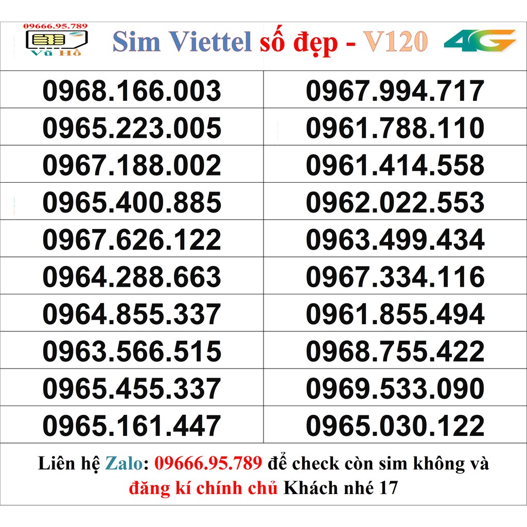 Sim Viettel V120 đầu 09 số đẹp giá rẻ 17