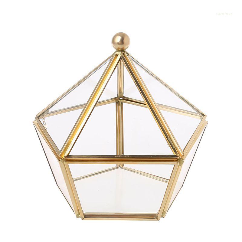 Chậu cây hình lục giác bằng thủy tinh trong suốt có nắp bằng đồng thau phong cách vintage