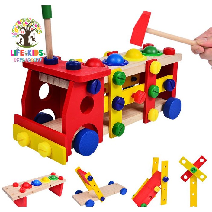 Đồ chơi gỗ - Bộ xe lắp ráp, xếp hình kèm đập bóng -xe ốc vít lắp ráp kèm đập bóng
