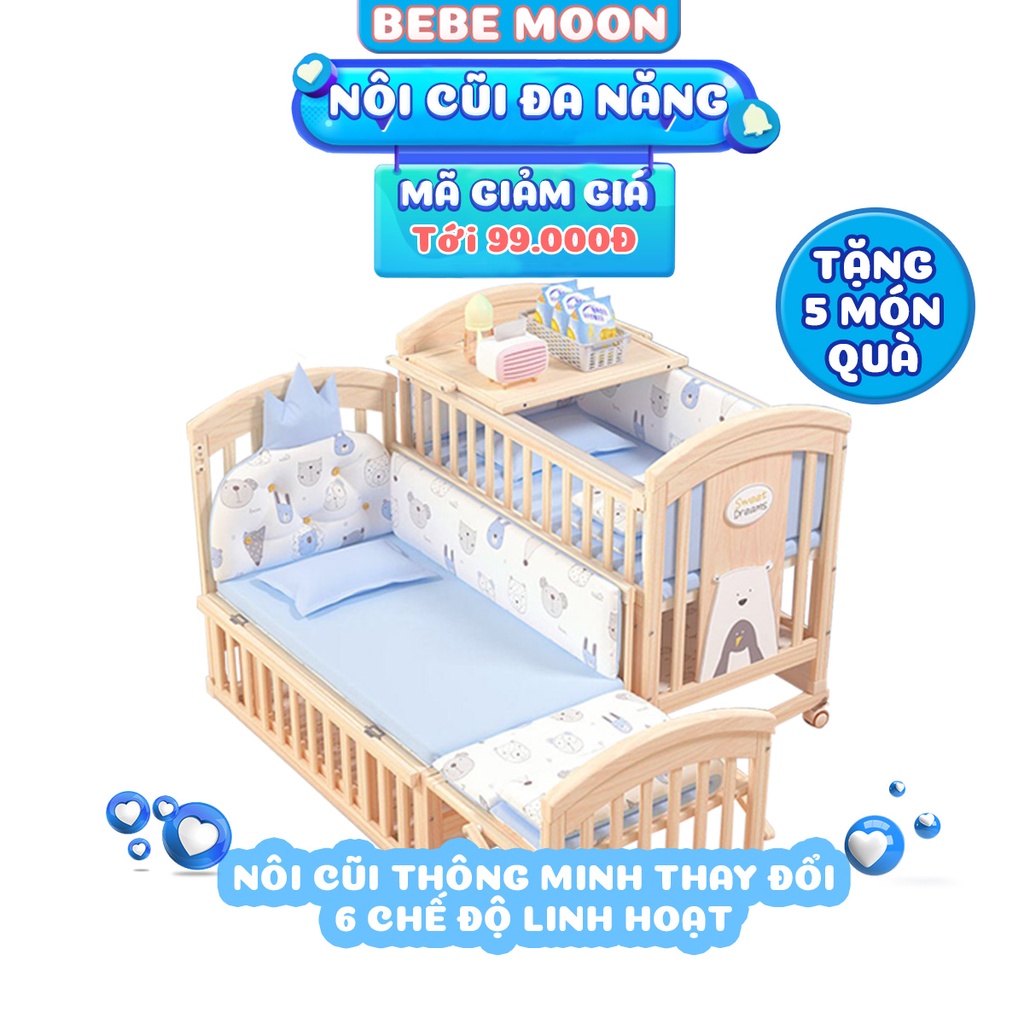 Giường Cũi Đa Năng 6 Trong 1 Bebe Moon Chất Liệu Gỗ Thông Nhập Khẩu, Bảo Hành 36 Tháng