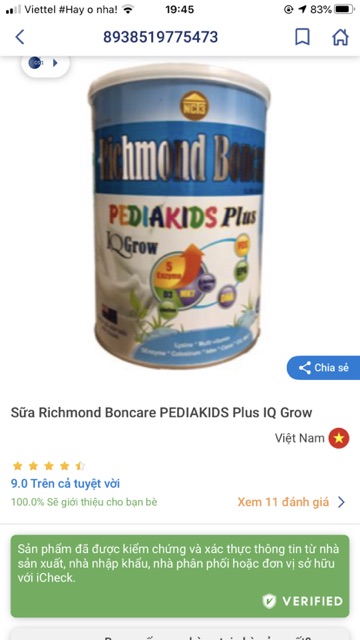 Sữa bột dinh dưỡng richmond boncare 900g