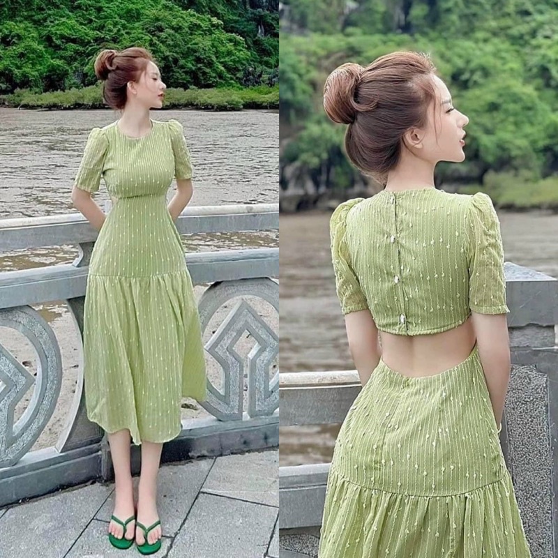 Đầm ren xanh bơ tay ngắn khoét/cut/hở eo lưng, váy dài đơn giản dễ thương nhẹ nhàng, thời trang tiểu thư đi chơi dạo phố