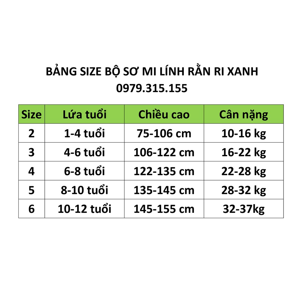 Bộ quần áo lính rằn ri xanh trẻ em 1-12 tuổi