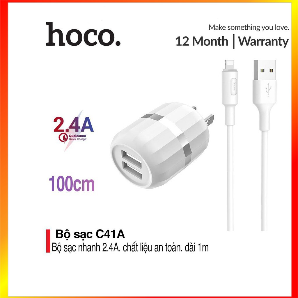 Cốc Sạc Nhanh 2 Cổng Sạc Hoco C41A, Sạc Nhanh 2.4A, Công Suất 12W Đi Kèm Với Dây Sạc Hoco  - SmartShop