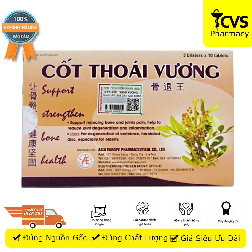 Cốt Thoái Vương - Hộp 30 viên uống giảm đau nhức và hỗ trợ xương khớp, thoái hóa khớp, gai cột sống - cvspharmacy