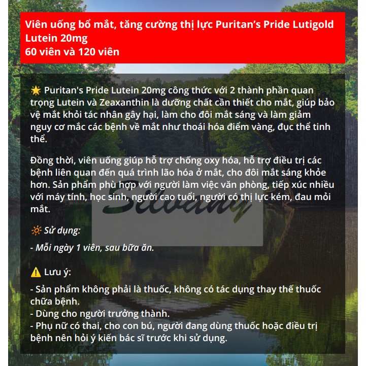 Viên uống Lutein 20mg Puritan's Pride - Bổ Mắt, Tăng Cường Thị Lực | BigBuy360 - bigbuy360.vn