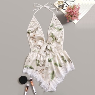 Bộ đồ lót ngủ kiểu áo liền quần hở lưng phối nơ viền ren gợi cảm cho nữ