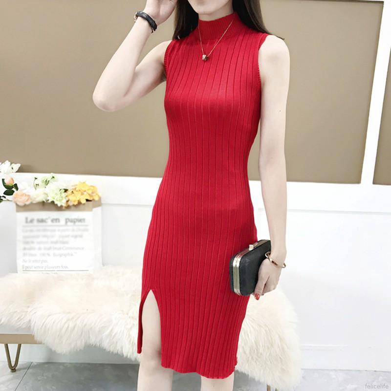 Round Neck Knit Women Slit Dress Novel Chic Solid Color Sleeveless Knee-length | BigBuy360 - bigbuy360.vn