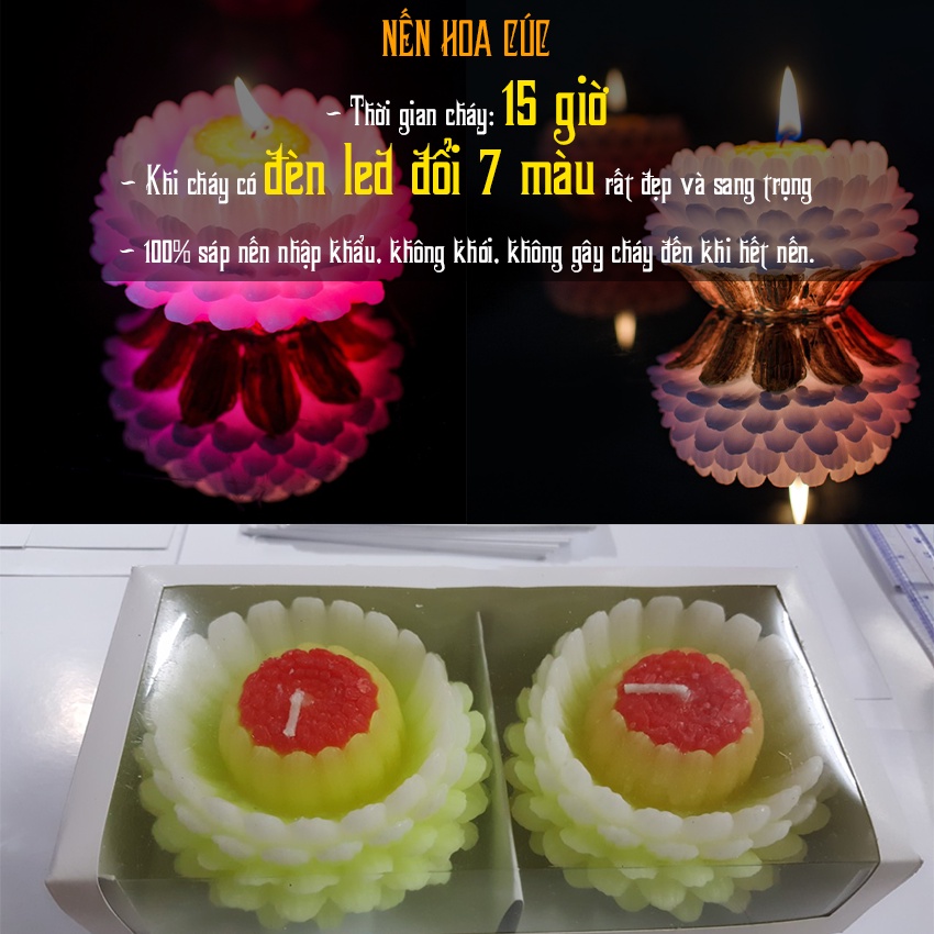 Nến hoa cúc có đèn led (cháy 15 giờ) - nến hoa cúc đổi màu - đèn cầy hoa cúc thờ phật - nến trang trí bông cúc candle s