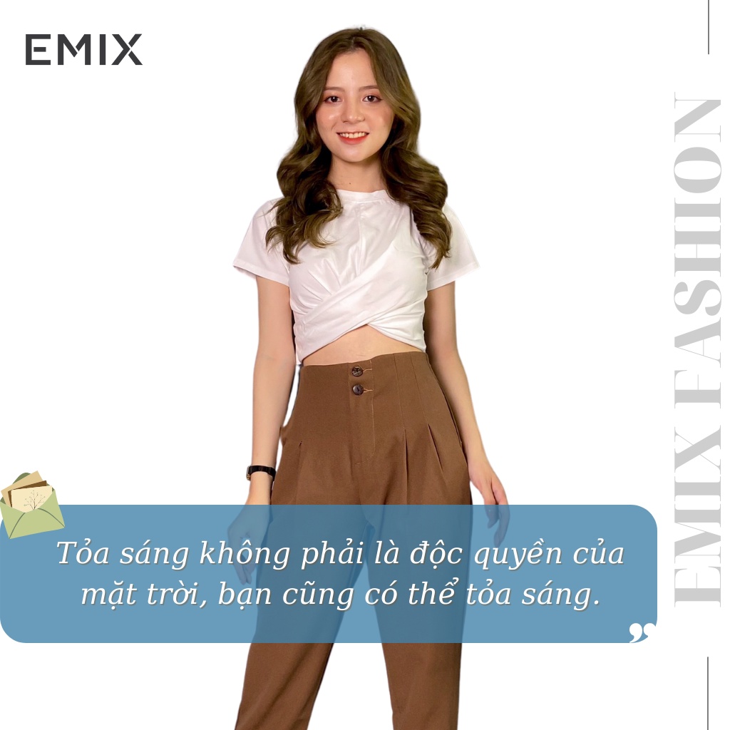 Quần tây nữ baggy 2 ly EMIX (màu nâu), công sở, dáng dài, cạp cao, 2 cúc, vải tuyết mưa ít giãn, mềm mịn 208