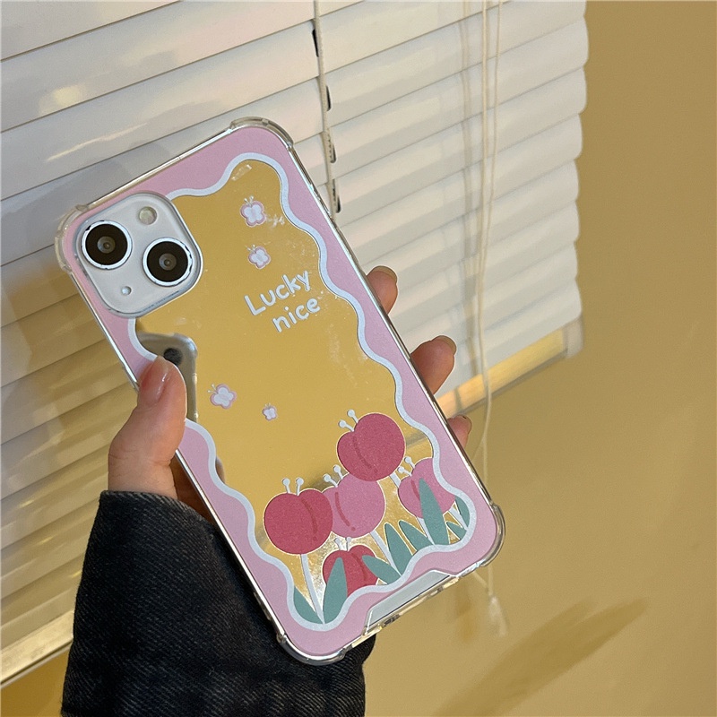 Ốp lưng iphone Ốp Điện Thoại Mặt Gương Họa Tiết Hoa Tulip Hồng Cho Iphone 13 14proPromax 6/6splus/7/7plus/8/8plus/x/xr/xs/11/14pro/13/pro/max/plus/promax Dinuo case