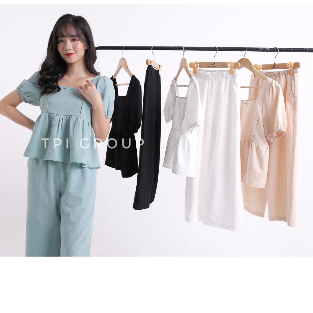 Set bộ đũi áo cổ vuông quần suông lửng cao cấp | BigBuy360 - bigbuy360.vn