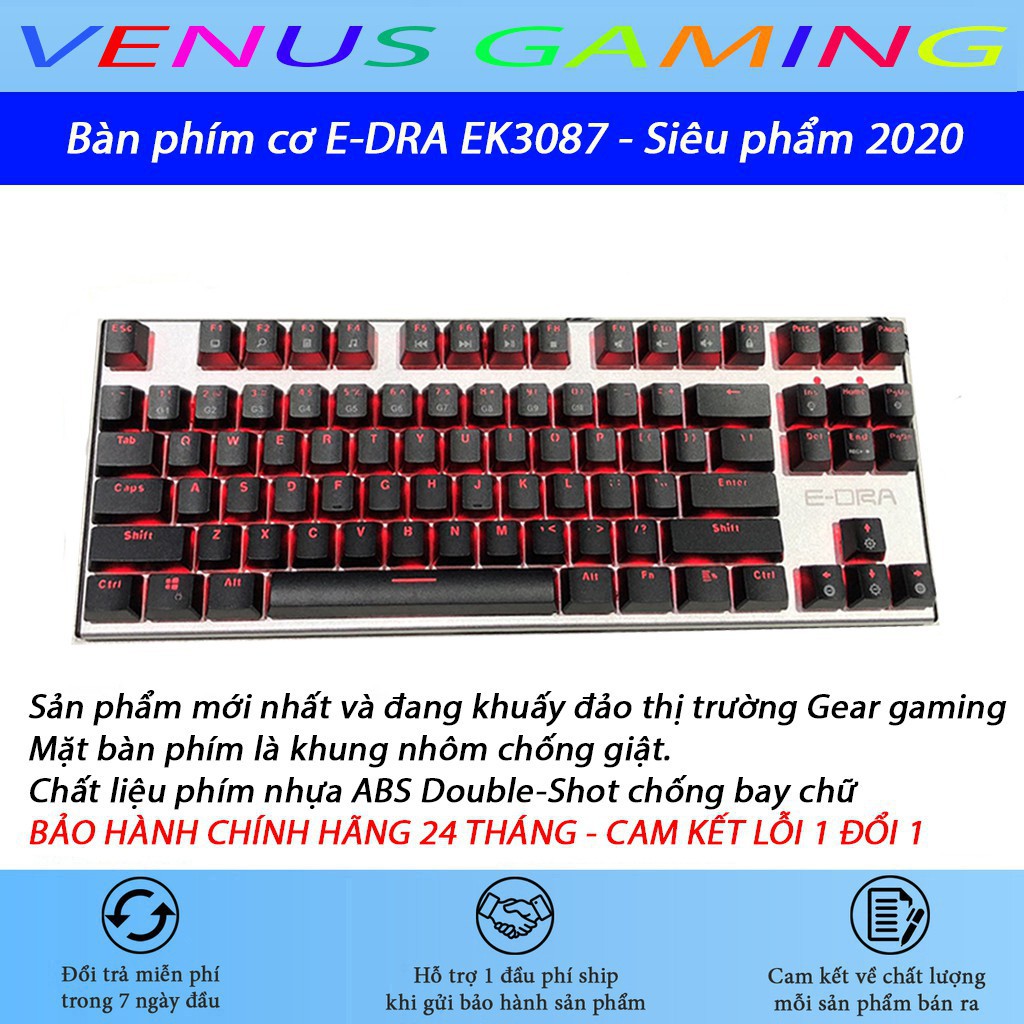 Bàn phím cơ E-DRA EK3087 - Siêu phẩm 2020 - Đèn led màu đỏ cực sang chảnh - Khung kim loại chống giật - Bảo hành 2 năm