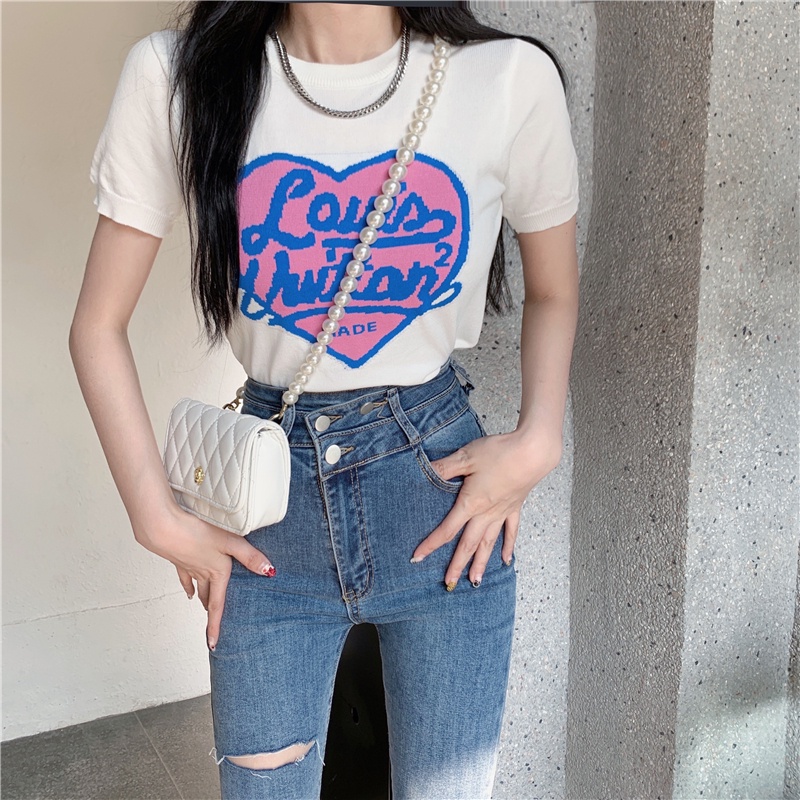 Áo thun ZHELIHANGFEI tay ngắn dệt kim thêu họa tiết xinh xắn thời trang cho nữ tùy chọn màu sắc